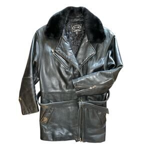 Tannery West 90s Black Leather Faux Fur Trim Coat size Small